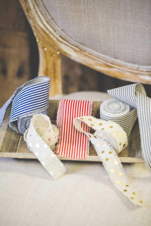 Richland Ribbon Linen Fringed Edge 1" x 5 Yards with Gold Dots Set of 12