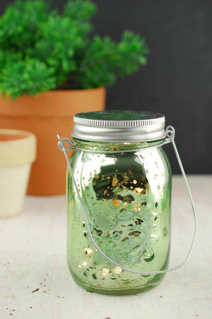Green Mercury Glass Mason Jar 5.25" with LED Lights Battery Operated